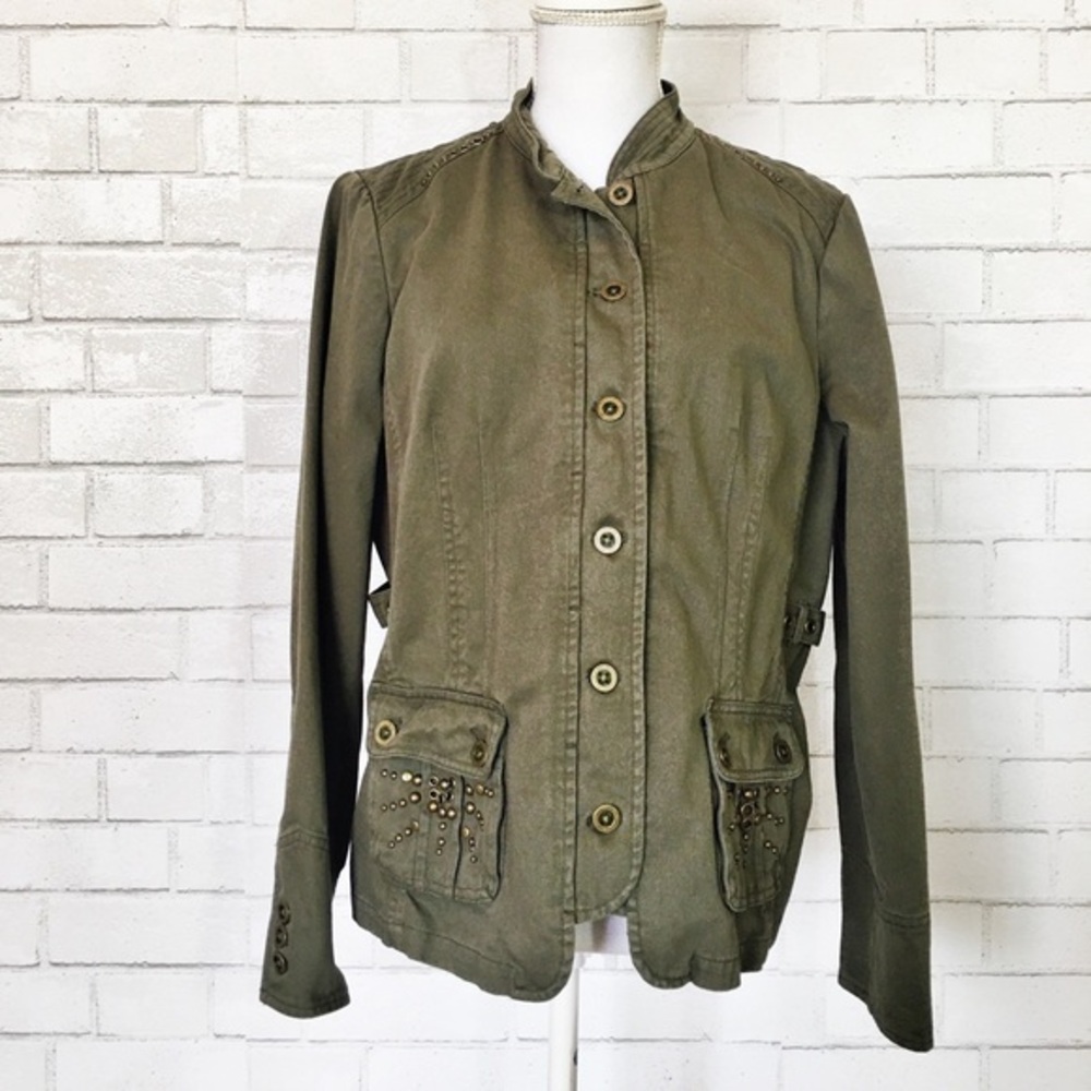 Motto Olive Green 100% Cotton Embellished Gold Beaded Jacket Coat
